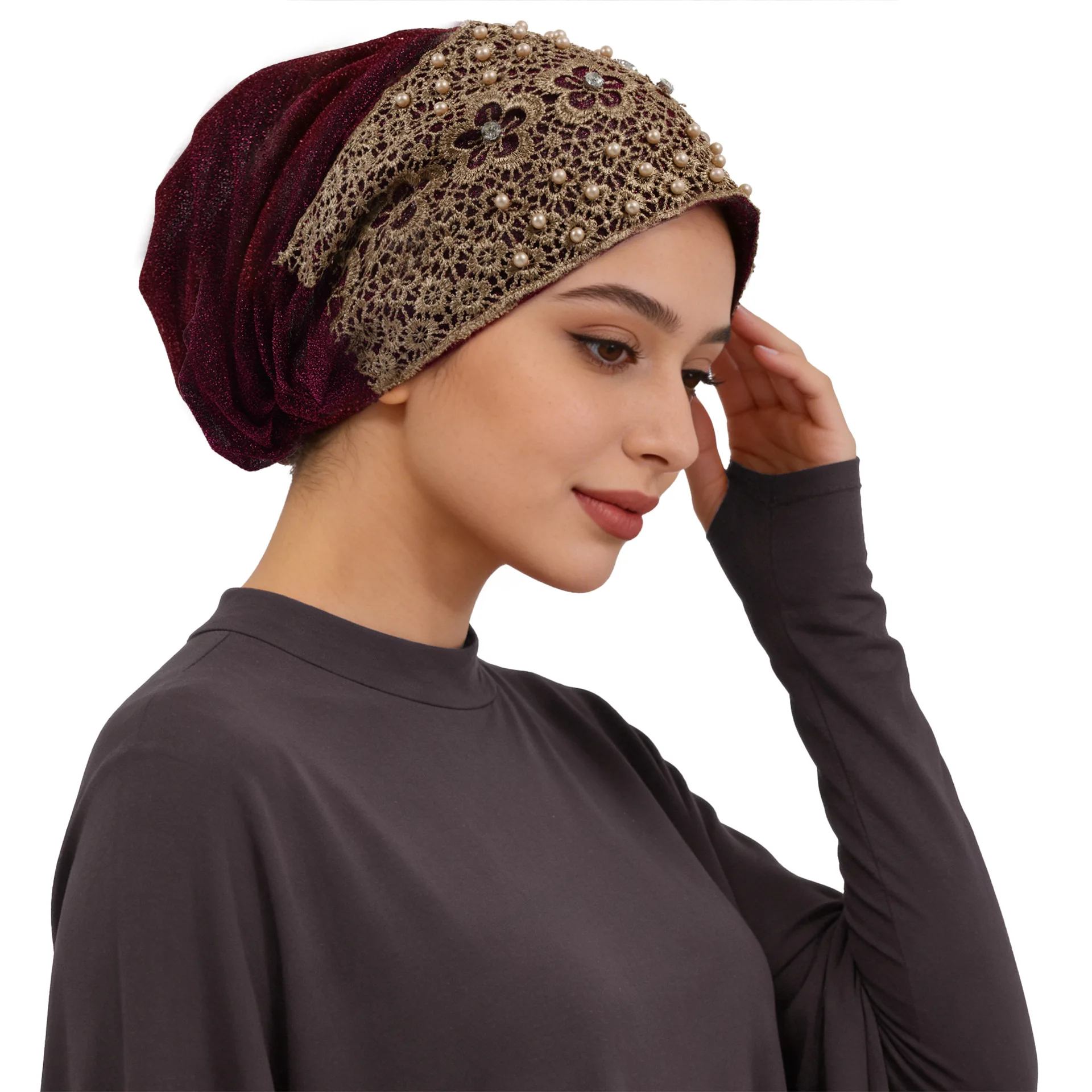 Elegant Embroidery Beading Women's Lace Turban Cap Floral Pattern Muslim Headscarf Bonnet Islamic Headcover Hat Turbante Mejur