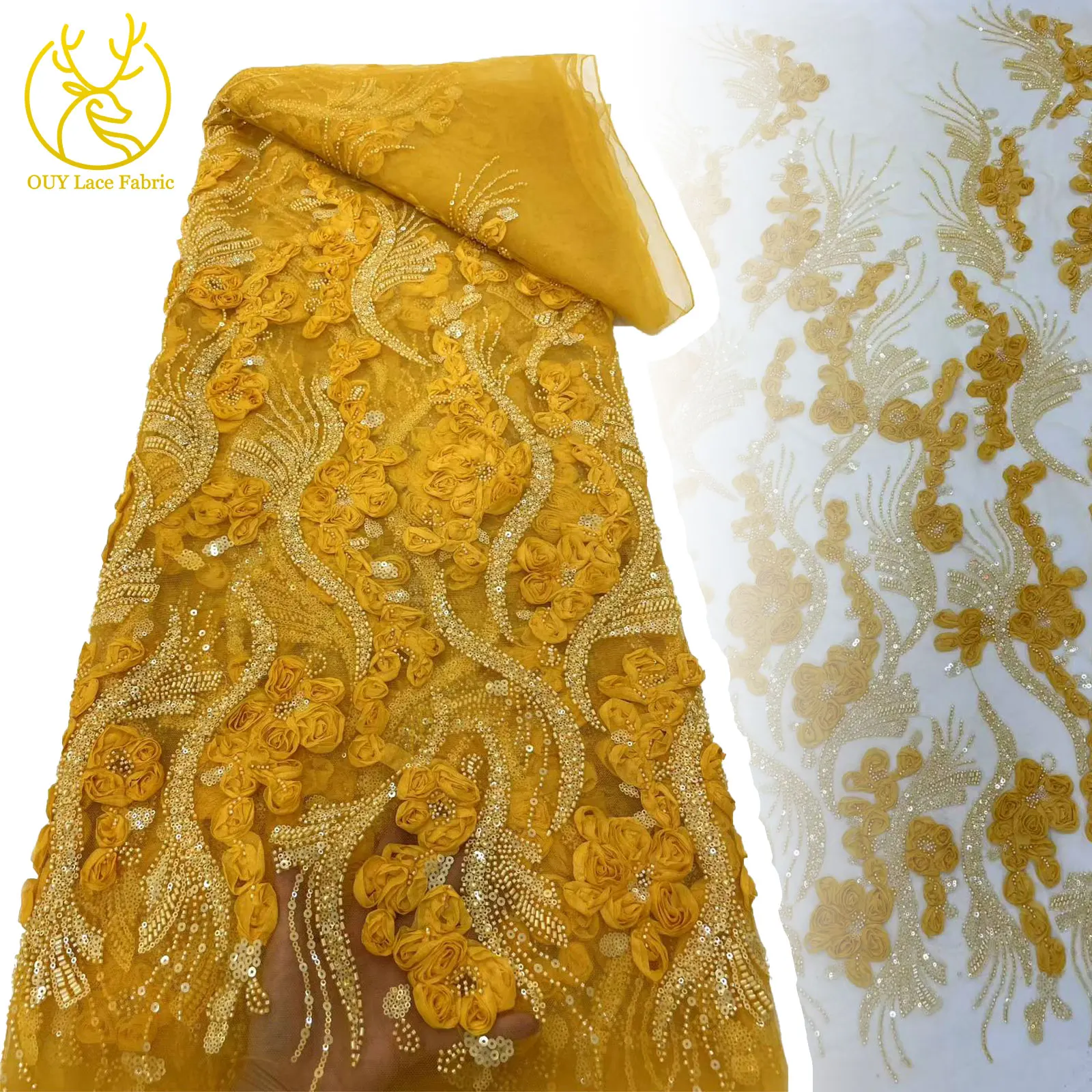

Golden Yellow African Beaded Lace Fabric 2025 French 3D Floral Sequins Embroidery Tulle Lace Fabric for Party Dresses 5 yards