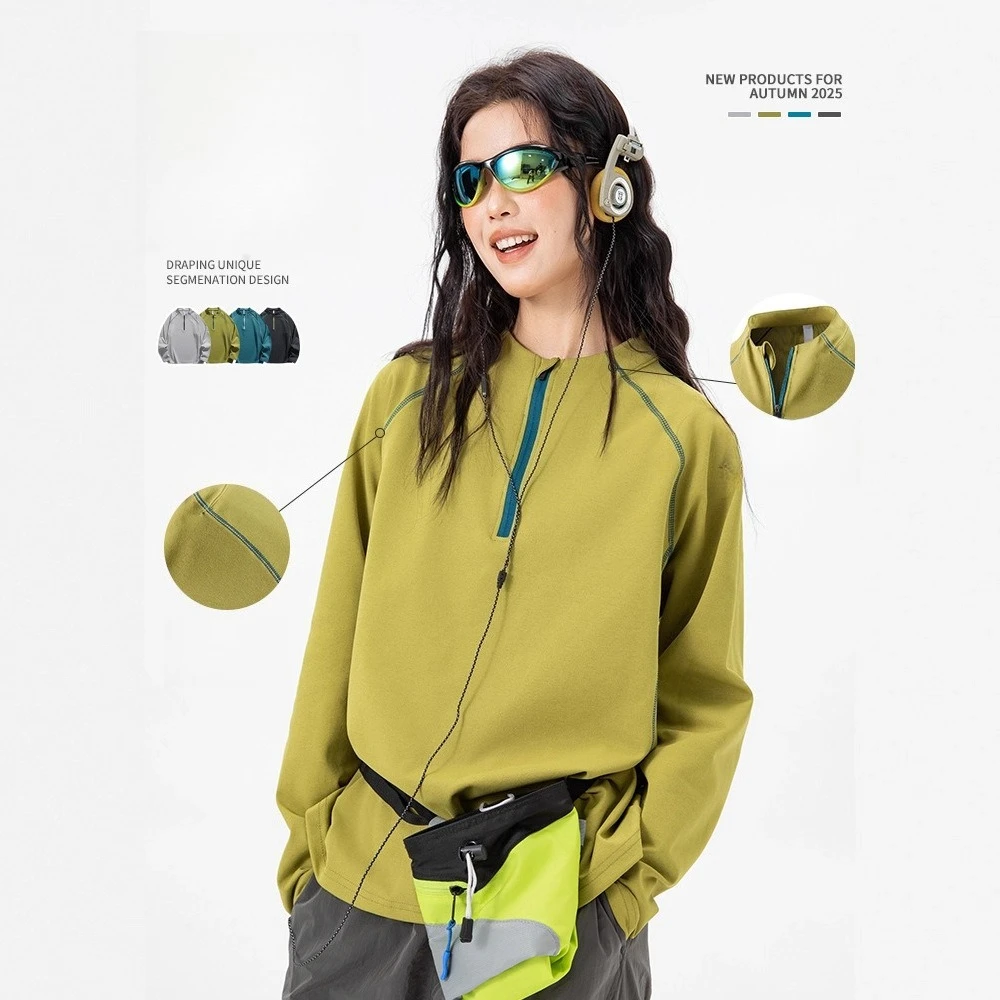 Unisex Quick-Dry UV-Protective Long-Sleeve Sports T-shirt with Half-Zip & Color Blocking Design Loose Fit for Outdoor Activities