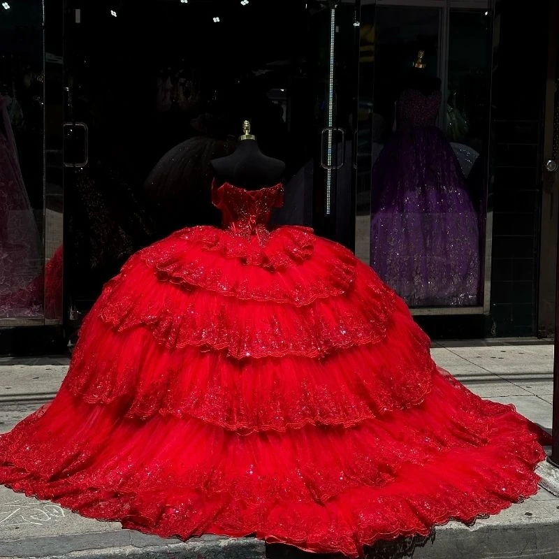 Блестящее красное платье EVLAST Quinnceanera, бальное платье, блестящее кружевное милое Многоярусное платье с аппликацией из бисера и кристаллов, 16 дюймов, SQ623