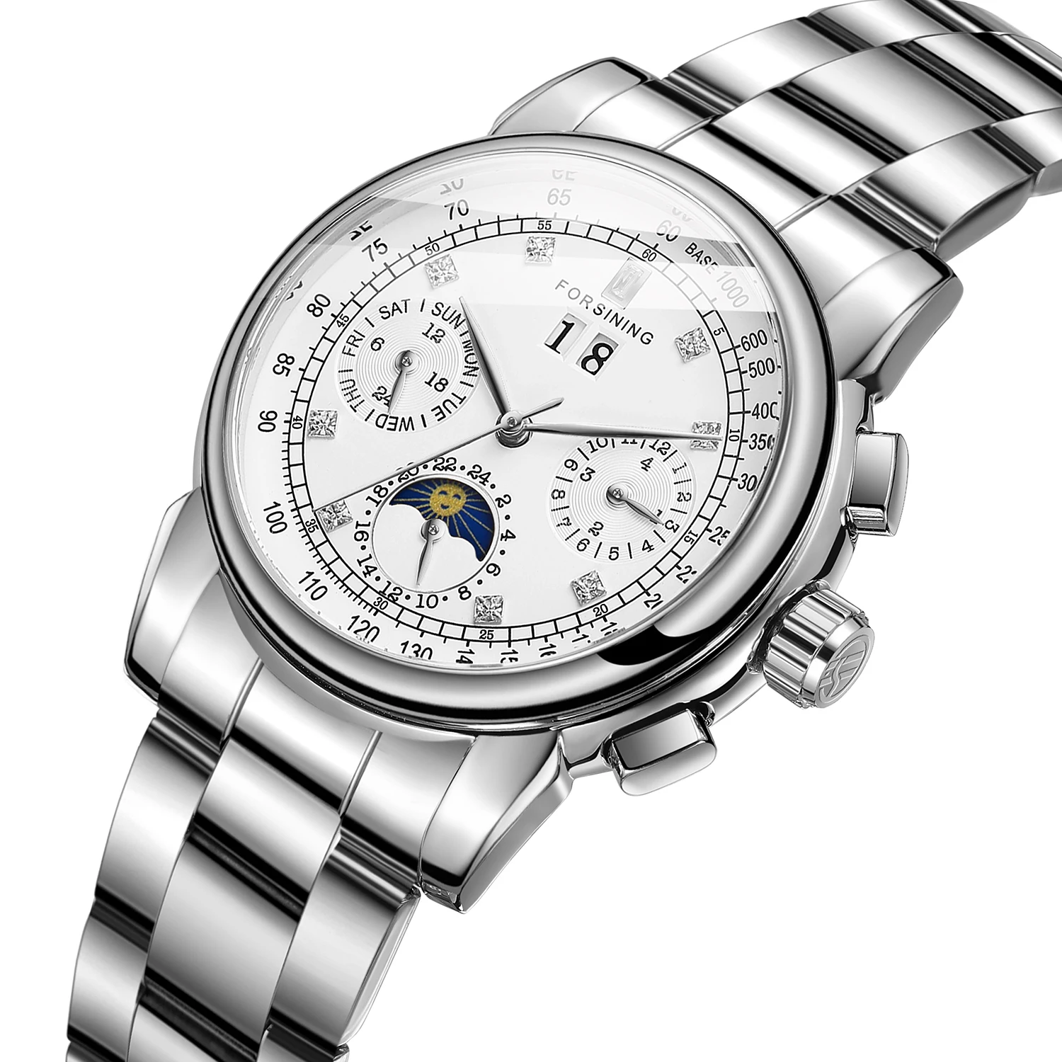 

Фаза Луны, Шанхайский механизм, серебряный тон, корпус из нержавеющей стали, мужские часы, лучший бренд, роскошные Auotmatic, наручные часы с автоподзаводом