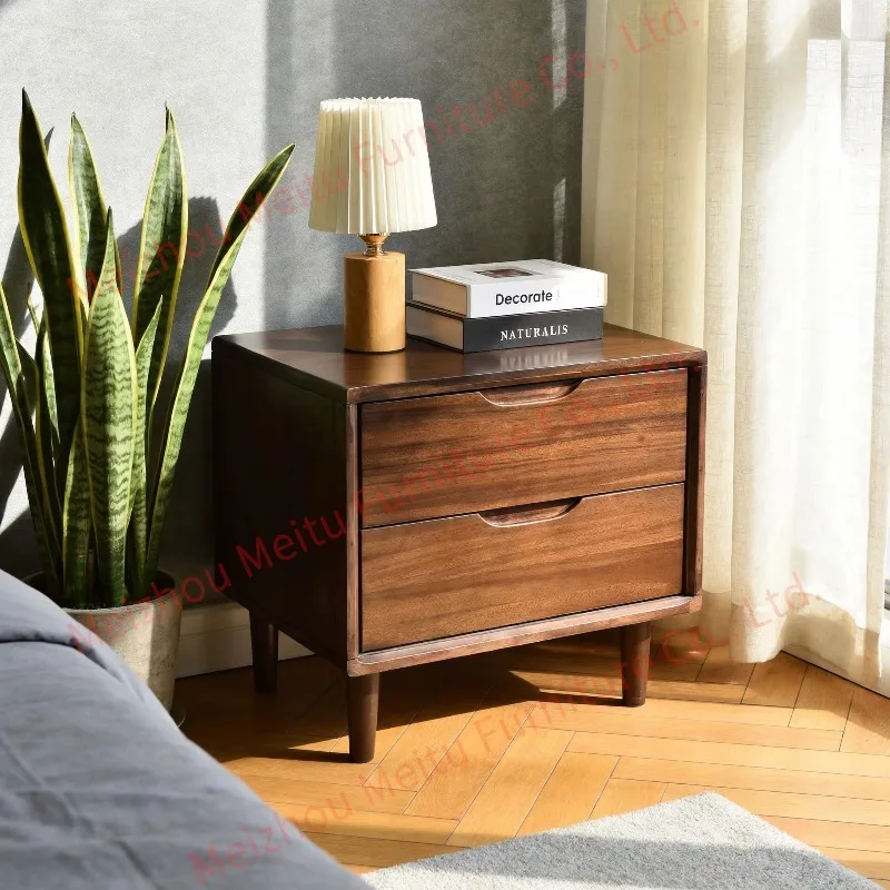 Solid wood bedside table with 2 drawers, deep walnut, recessed handles, spinning legs, traditional farmhouse style