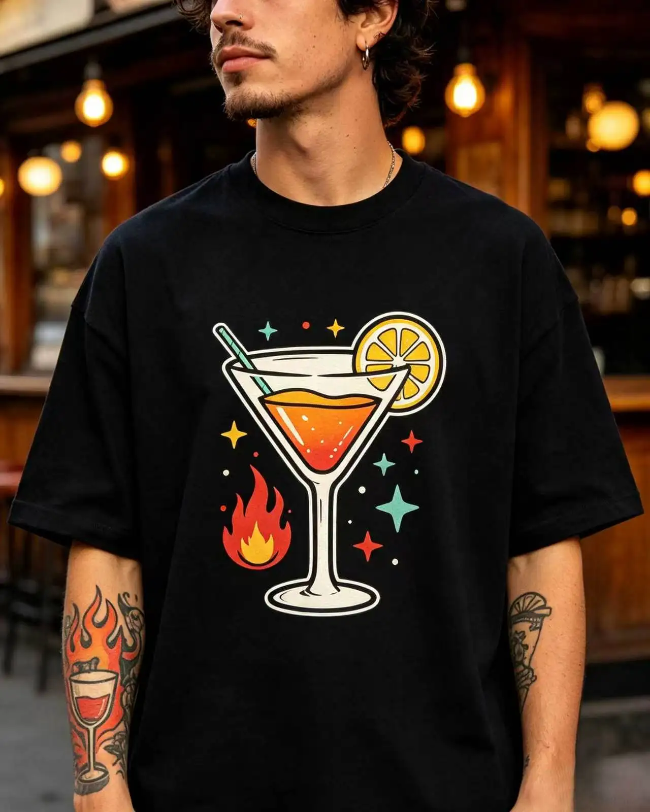 Unisex Cocktail Glass Fire Flame Retro Illustration Graphic T‑Shirt Men Women Party Bar Oversized Cotton Tee