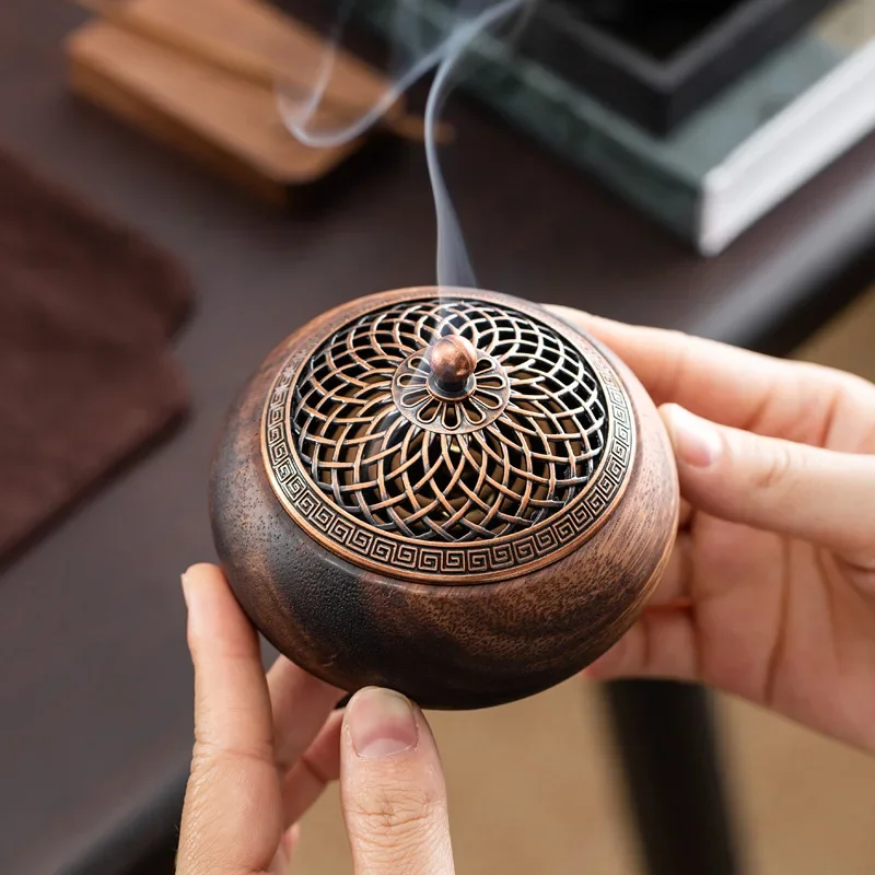 Solid Wood Round Incense Burner Chinese Hollow with Lid Incense Holder Sandalwood Tray Decoration Crafts