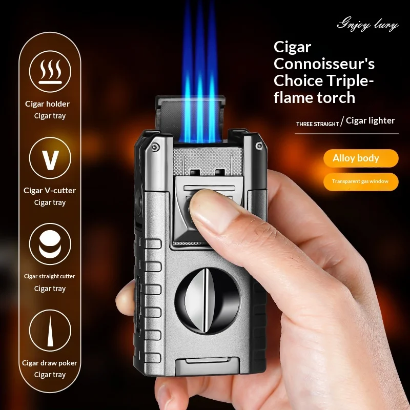 New Zinc Alloy Multi functional Cigar Lighter Carrying Multiple Cigar Tools Strong 3 Flames Butane Gas Boutique Lighters Gifts