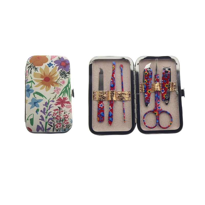 6 in 1 Flower Printed Professional Manicure Pedicure Set Women Girls Gift Nail Care Kit Include 1Pcs Scissor 2Pcs Nail Clippers