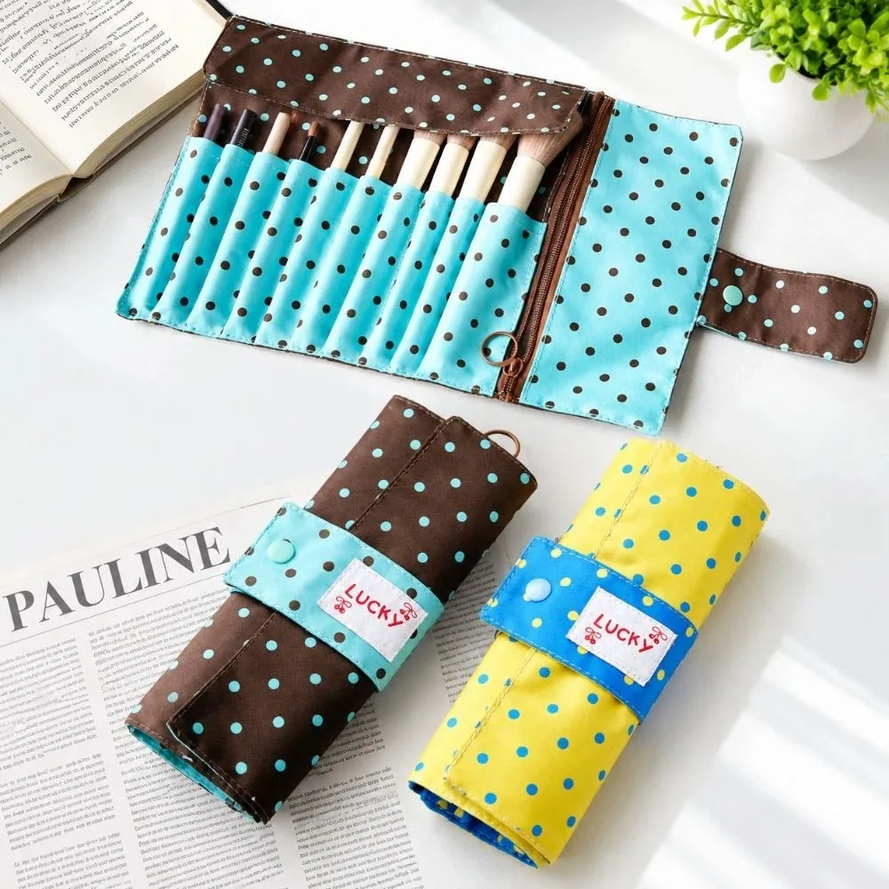Cute Polka Dot Makeup Brush Storage Bag Canvas 10 Slots Makeup Tool Bag Portable Large Capacity Makeup Bag Multipurpose