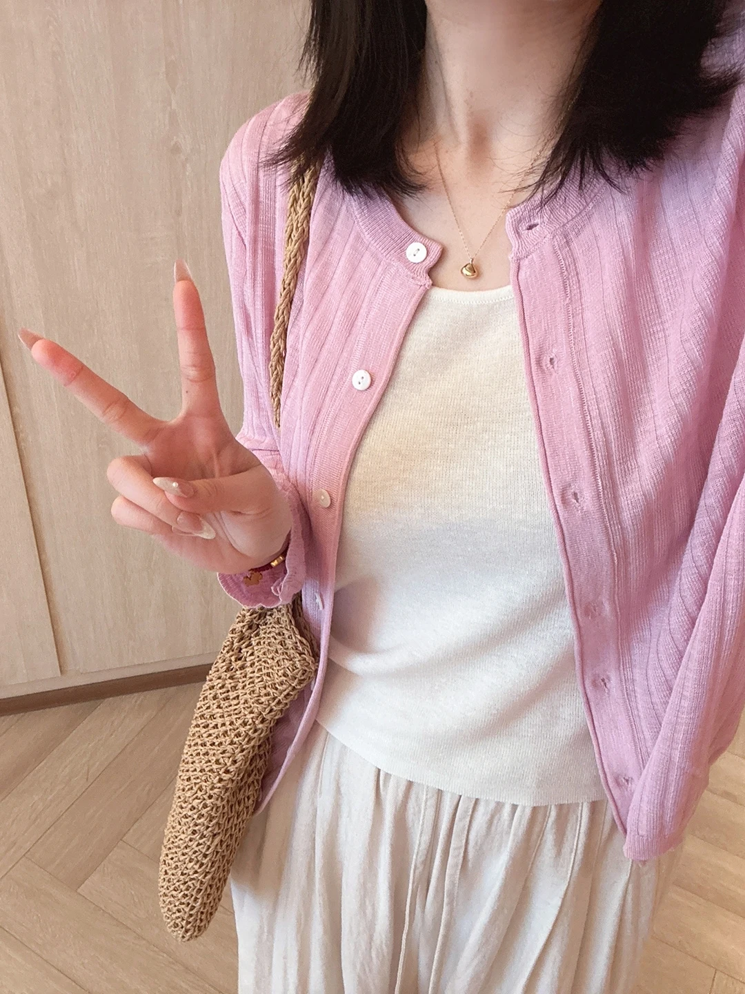 

Xiao Yan's Gentle Pink Knitted Open Cardigan Women's Spring round Ne Sweet Soft Thin Outerwear Top Gentle Sle Loose Fit L...