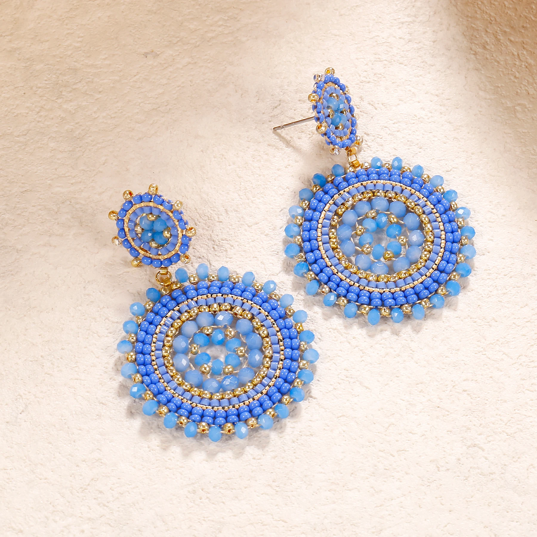 Badu Blue Beaded Earrings for Women Crystal Seed Beads Woven Round Dangle Handmade Earrings Bohemia Jewelry Oorbellen Gifts 2024