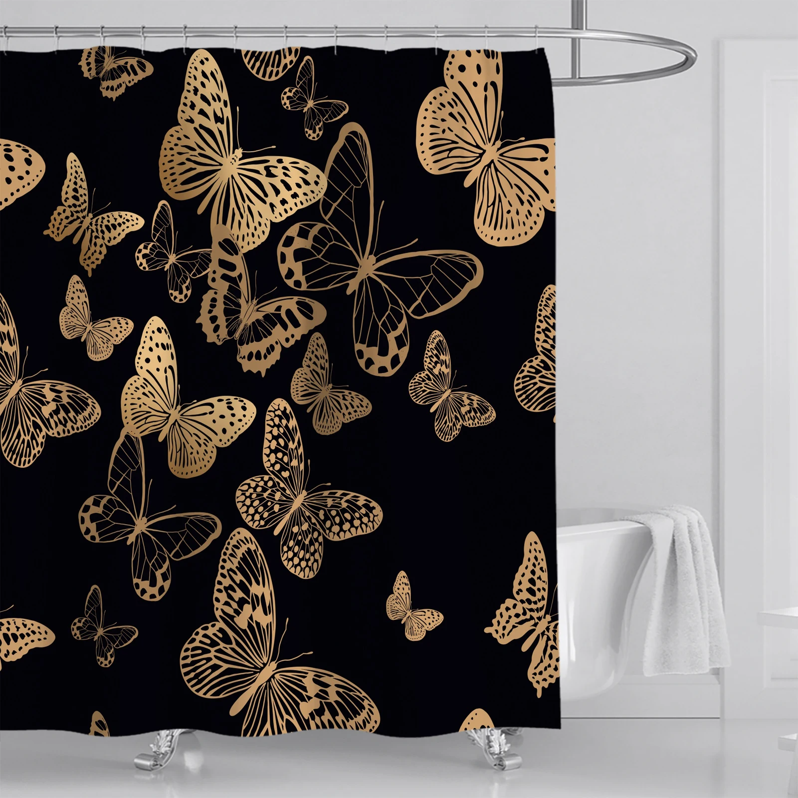 1Pcs black gold butterfly waterproof shower curtain, elegant and luxurious bathroom decoration, with 12 plastic hooks