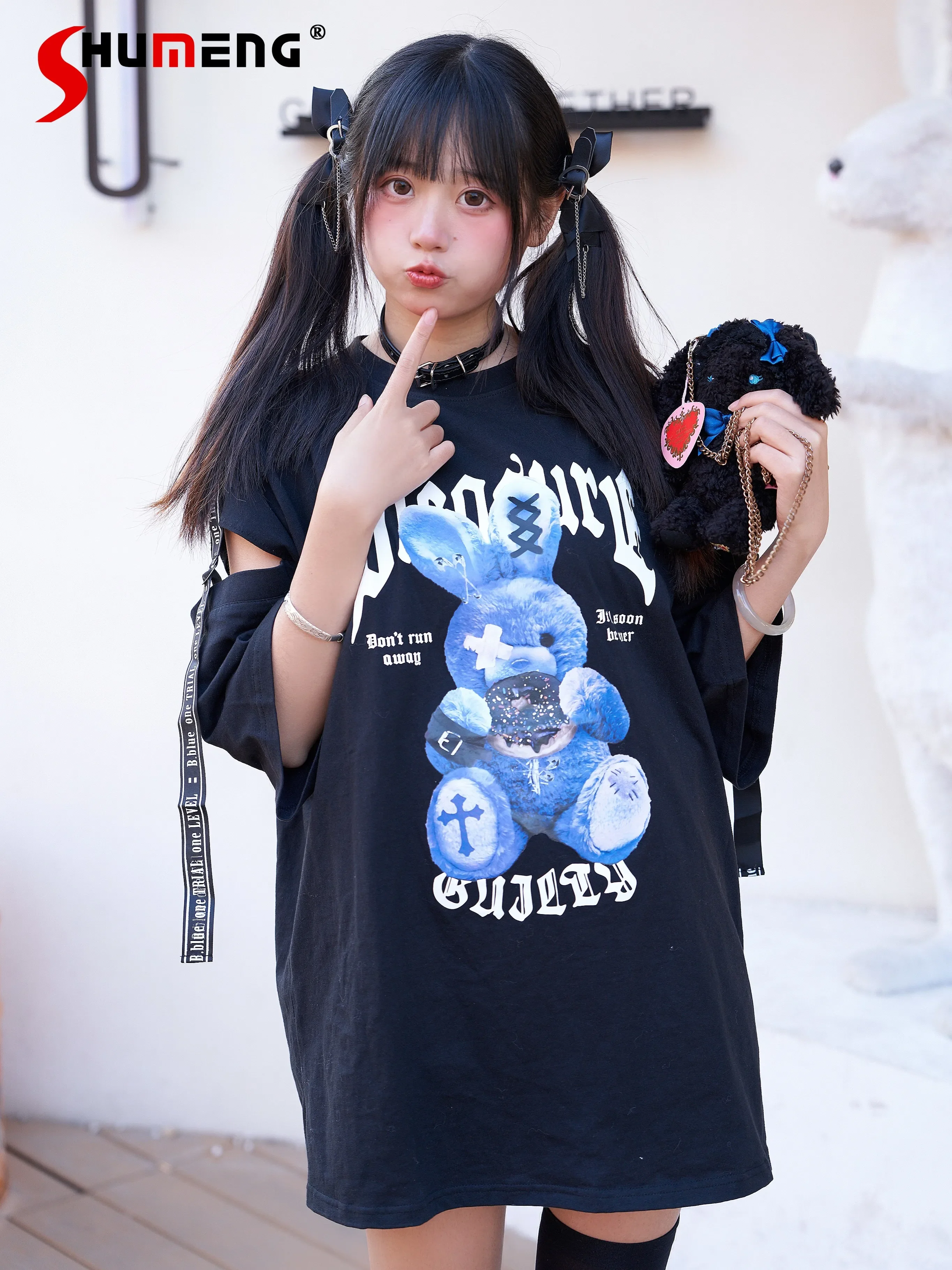 Daily Mine Mass- Produced Black Short-sleeved T-shirt Student Dark Gothic Harajuku Large Size Long Tees Women Cartoon Print Top