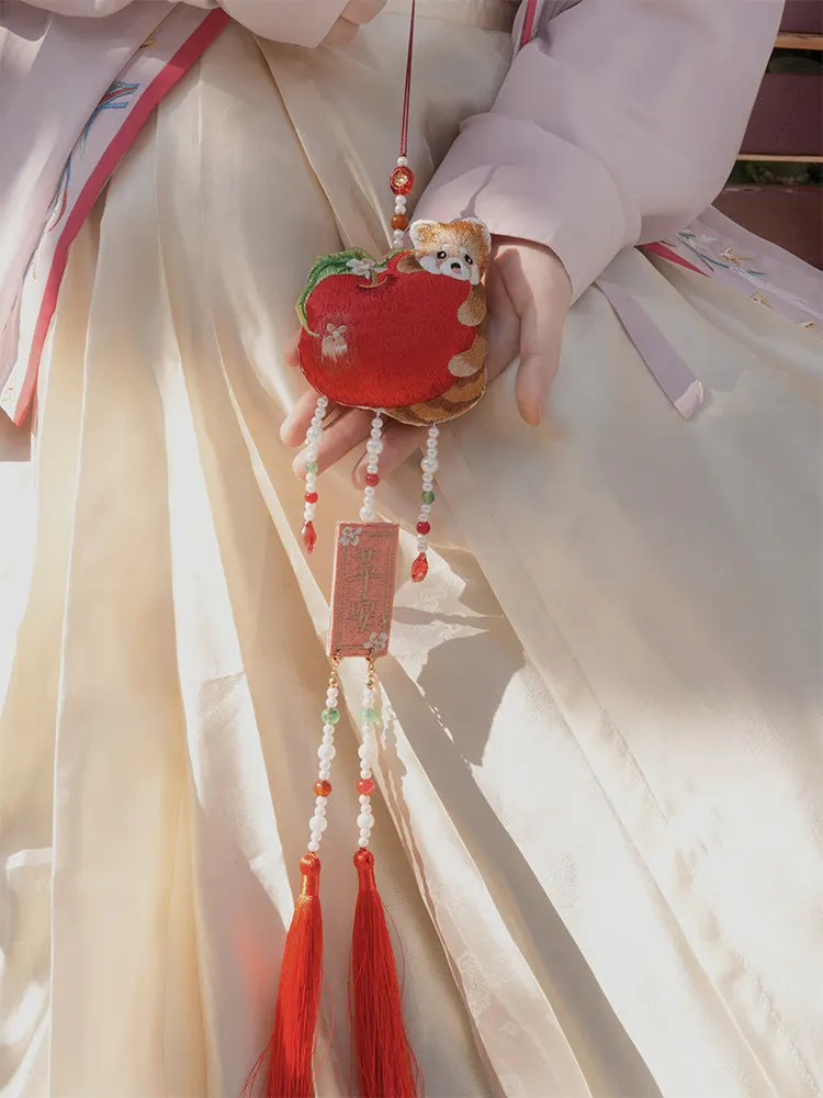 Double Sided Embroidered Red Panda Apple Sachet Chinese Style Hanfu Pendant Beaded Tassel Charm Accessory For Women Daily Wear
