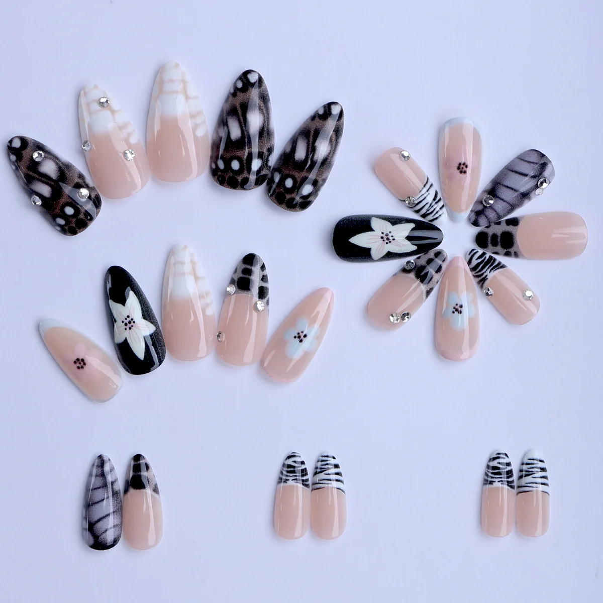 24 قطعة ثلاثية الأبعاد الأزهار الأظافر كاذبة حجر الراين تفاصيل عارية الحيوان طباعة اللوز شكل اضغط على الأظافر منفعل الحلو اليومية مسمار الفن للنساء