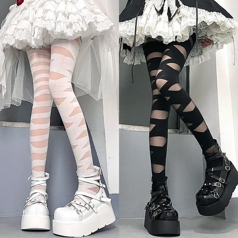 Lolita cross strap white stockings summer Women\'s stockings Thin Pure Desire Black Silk Sexy Punk Hottie Striped Pantyhose