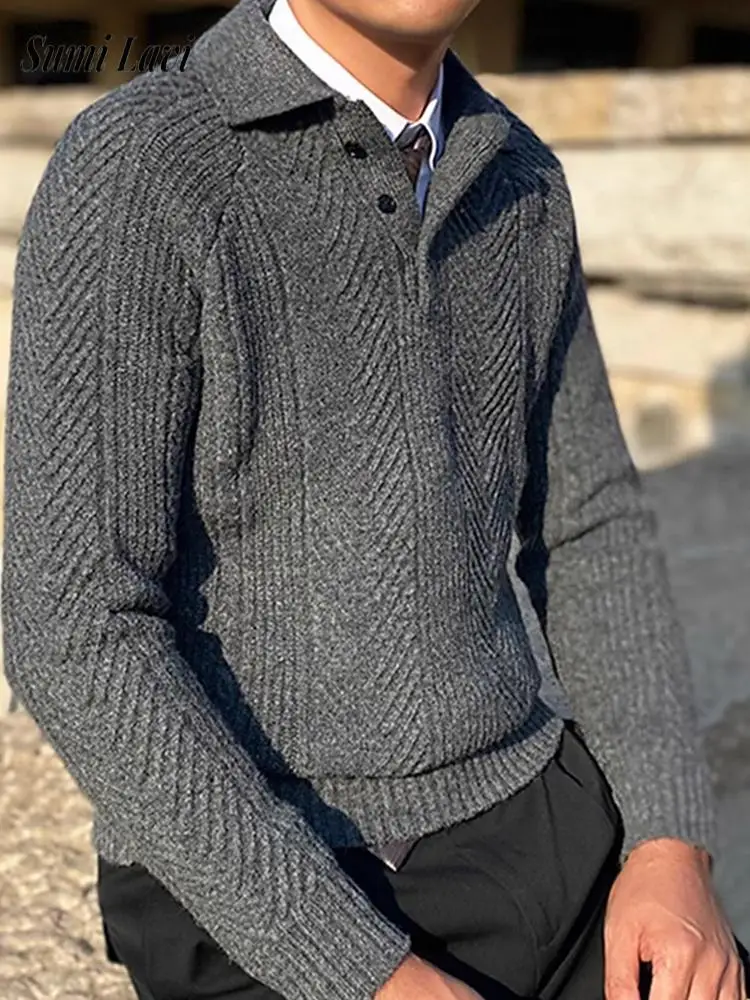 

Модный полосатый текстурированный свитер для мужчин, осенний повседневный тонкий вязаный свитер с длинными рукавами, стильный мужской джемпер с лацканами на пуговицах