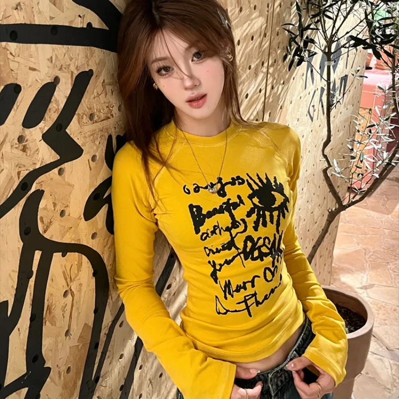 American Graffiti Yellow Long Sleeve T-shirts for Women Hotsweet Slim Fashion Ulzzang Vintage Streetwear Harajuku Basic Chic New