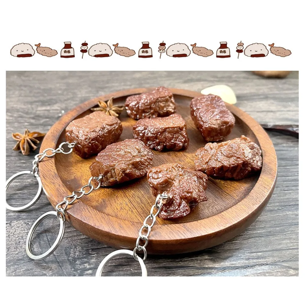 Simulation Beef Block Beef Keychain PVC Food Model Beef Cubes Keyring Imitation Food Simulation Food Keychain Car Accessories
