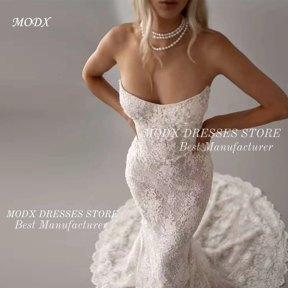 MODX Exquisite Lace Strapless Trumpet Mermaid Wedding Dress Beading Bridal Gown Floor Length Customized Vestidos Novias Boda Wom