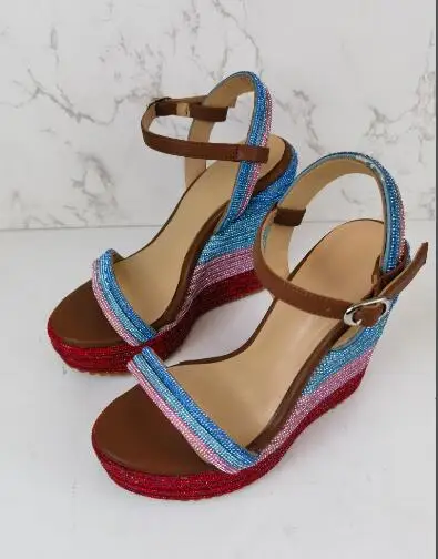 Summer Women Crystal Sequin Striped Wedge Sandals One Line Ankle Buckle Platform Red Pink Blue 125 mm Heels Bling Dress Shoes