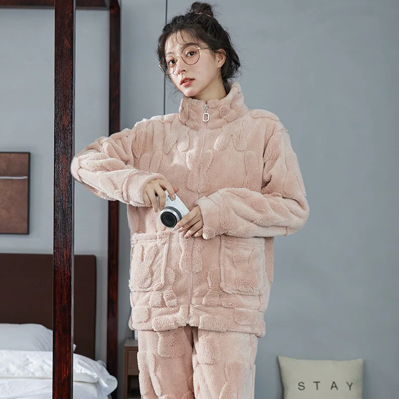 Winter Warm Flannel Women Pyjamas Set Thick Coral Velvet Long Sleeve Pajamas Set Leisure Sleepwear For Women Nightwear Nighttown