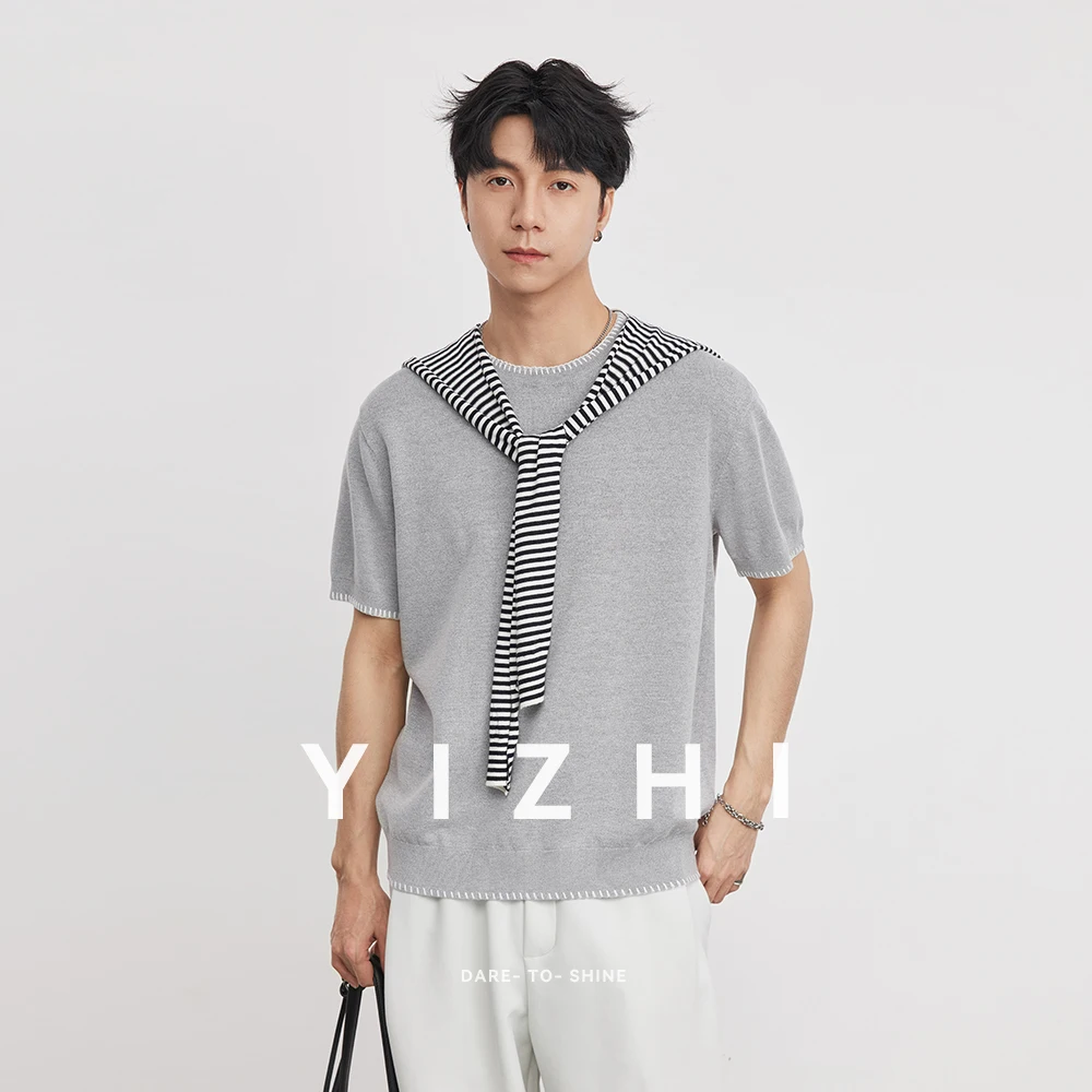 Summer Men's Detachable Striped Shawl Knit Short Sleeve Tee 14 Needle Crew Neck Loose Casual Preppy