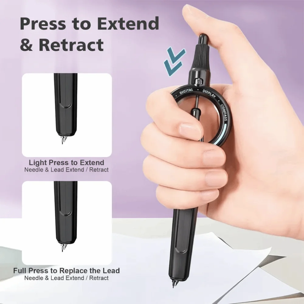 Push-action Digital Display Compass Retractable 2B Press Compass Ruler 0.5mm Safe Circle Drawing Gauge Learning Art Supplies