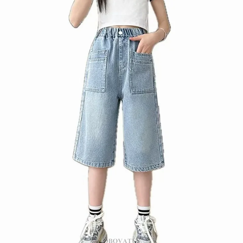 Summer Kids Fashion Denim Shorts With Pocket For Girl Knee Length Capris Jeans Teens Children Straight Fit  Mid-Calf Denim Pants