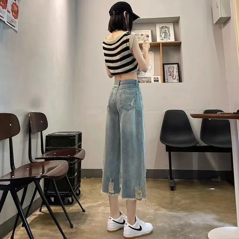 Damskie luźne spodnie jeansowe z szerokimi nogawkami na jesień 2025, damskie spodnie jeansowe o długości 7/8, sprane, z prostymi nogawkami, damskie spodnie kowbojskie z wysokim stanem.