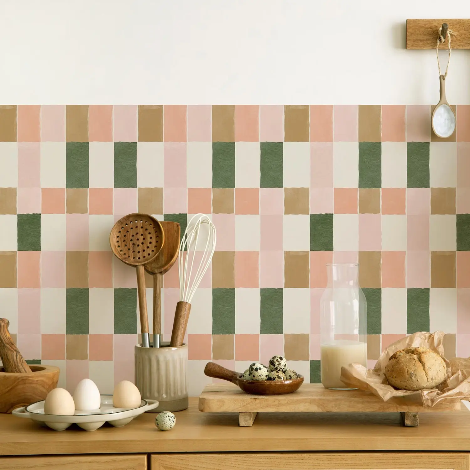 1set 10pcs Retro Pink&Green Vinyl Tile Peel&Stick Kitchen and Bathroom Backsplash Panel,Stairs,Removable Friendly Renter Sticker