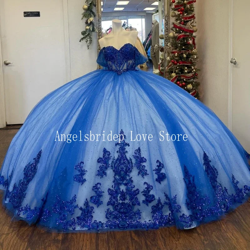 

ANGELSBRIDEP Luxury Royal Blue Quinceanera Dresses Crystals Beading Applique Vestidos De 15 Anos Birthday Party Prom Gown Corset