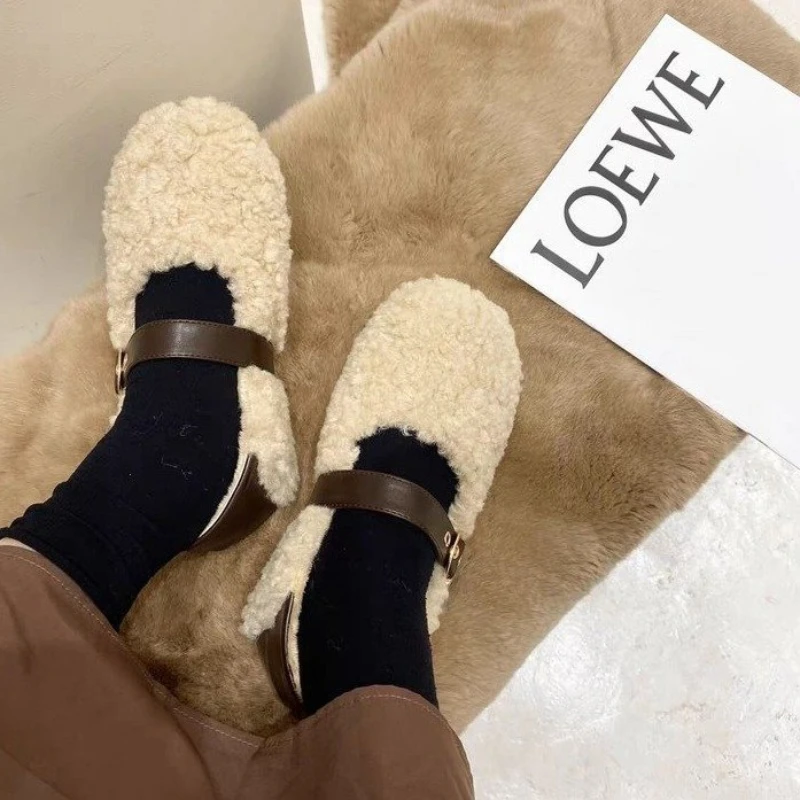 Fashion Spring Mary Jane Shoes Lambhair Women's Ballet Loafer Flat Shoes Shallow Slip On Ladies Fur Soft Outdoor Shoes