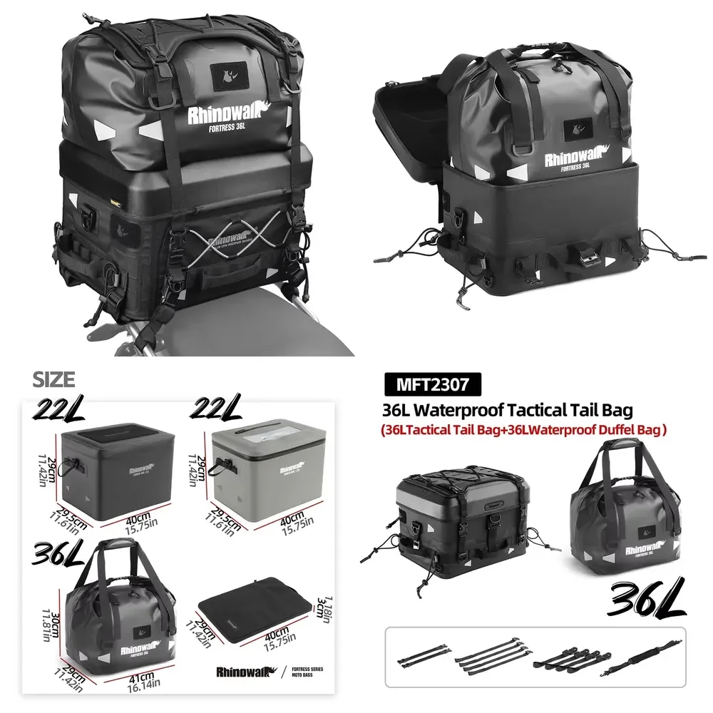 Rhinowalk Fortress X Tactical Tail Bag Setup, Universal Motorcycle Waterproof Rear Seat Luggages Inc 35l Duffel Bag