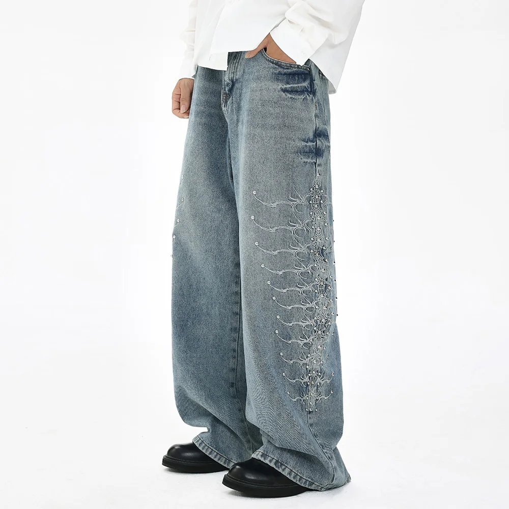 Calças Jeans Baggy de Perna Larga com Bordado de Osso e Rebites, Estilo Streetwear Hip Hop, Soltas e Casuais, para Homens e Mulheres