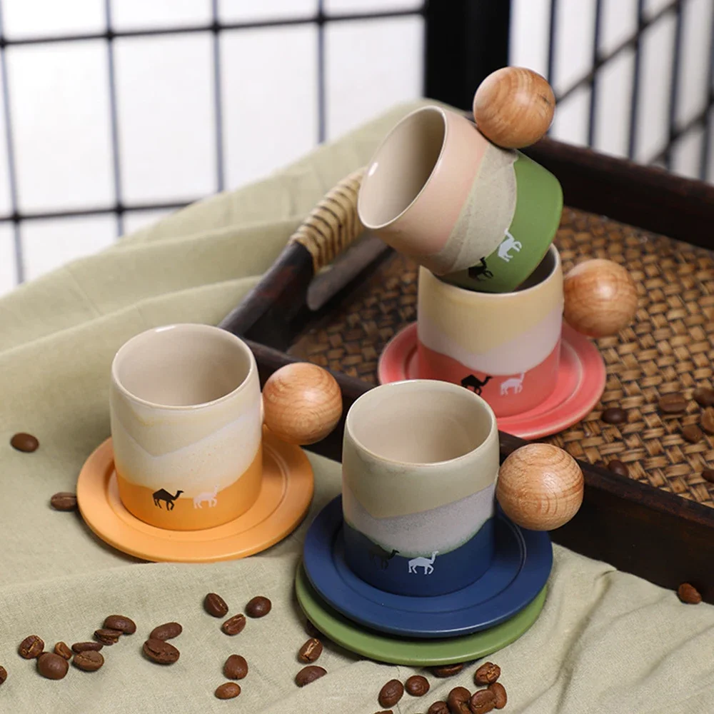 

80 мл керамическая чашка для эспрессо и блюдце в ближневосточном стиле, набор ретро-керамики с круглой деревянной ручкой, маленькая чашка для чая и блюдце