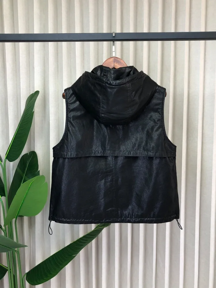 Work Ladies Casual Genuine Leather Hooded Vest Womens Motorcycle Oil Wax Cowhide Vests Zipper Black Sleeveless Jacket Tank Tops