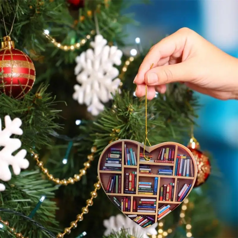 Book Lovers Heart Shaped Wooden 2D Bookshelf Christmas Pendant Wear And Fall Resistant Door Window Tree Hanging Decoration