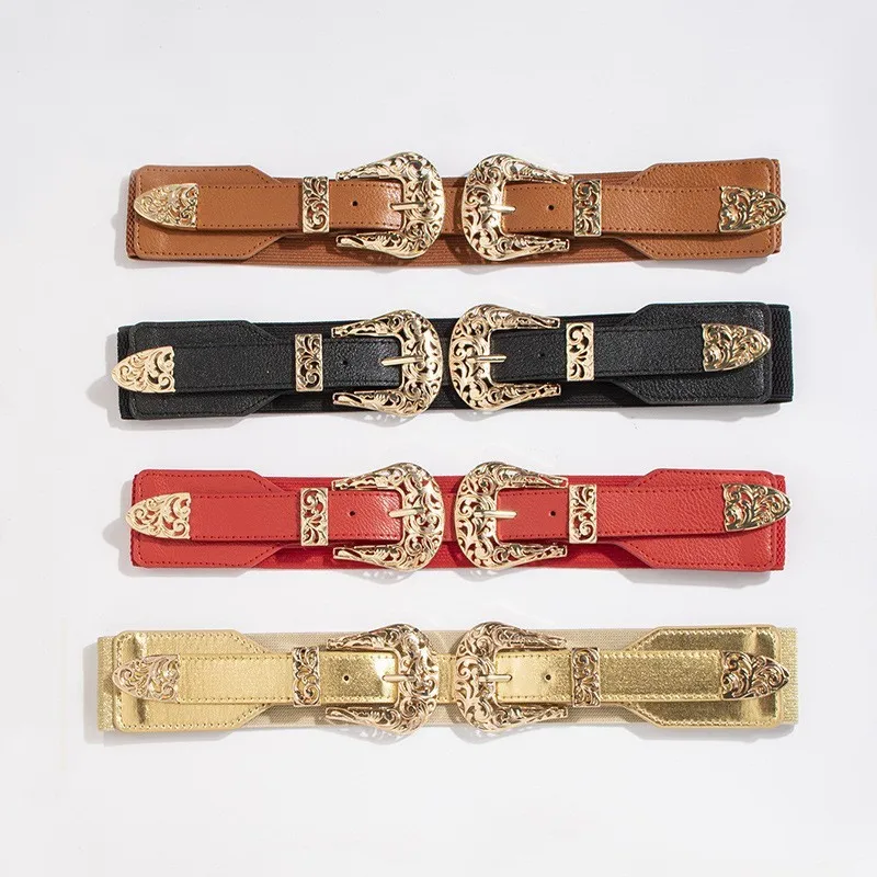 Retro Carved Hollow Double Buckle Wide Elastic Waist Belt Women's Fashion Accessory Versatile Belted Waist Seal