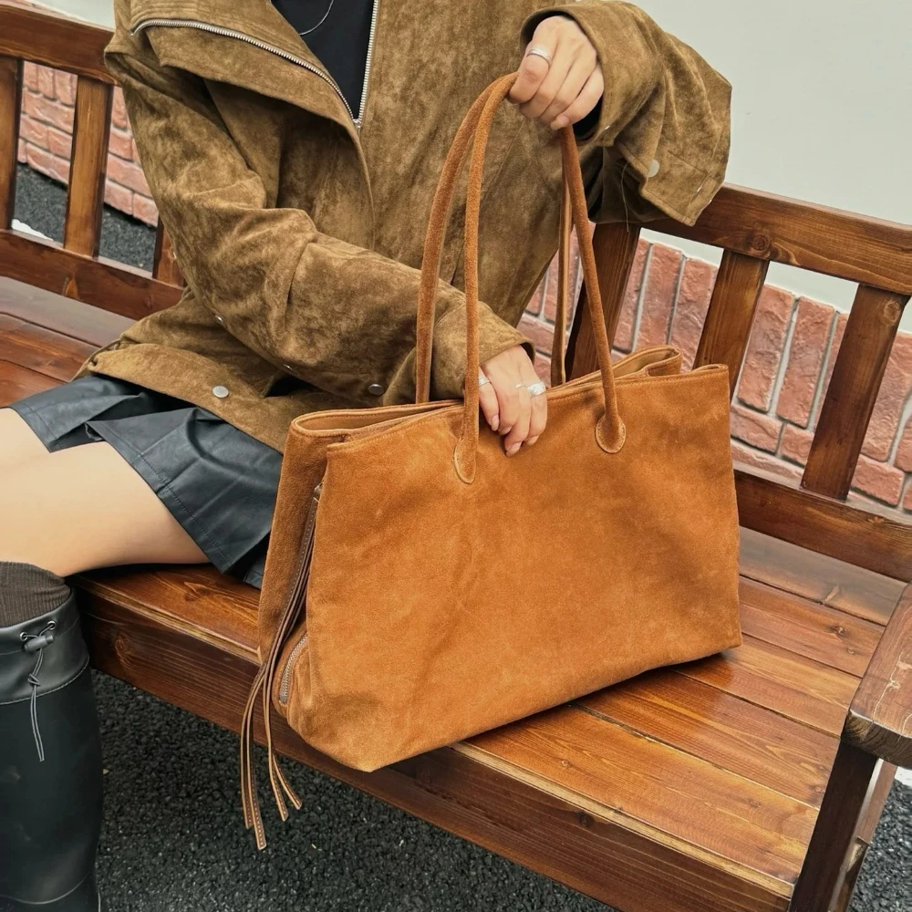 

European and American Lazy Style Oversize Travel Casual Tote Grey Green Color Matte Nubuck Cow Leather Women Handbag