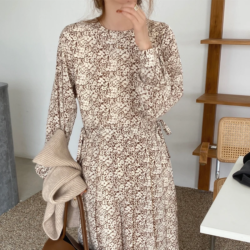 Floral Print Pleated Drawstring Waist Dress Elegant Style Long Sleeve Midi Dress for Ladies in Their 20s And 30s Spring Autum...