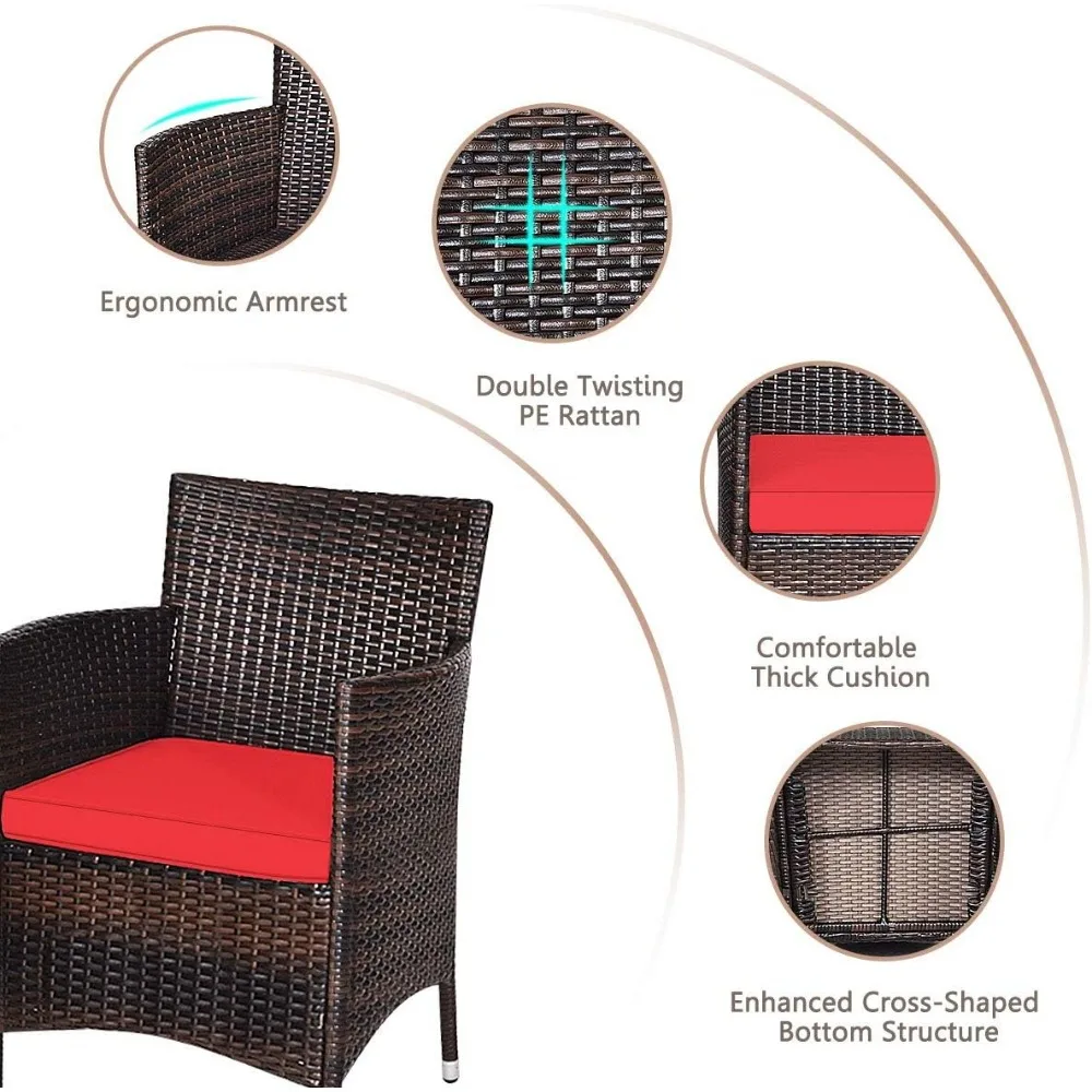 مجموعة أثاث الفناء المكونة من 3 قطع، مجموعة محادثة الروطان الخارجية مع طاولة القهوة والكراسي والوسائد السميكة، مقطعية للفناء