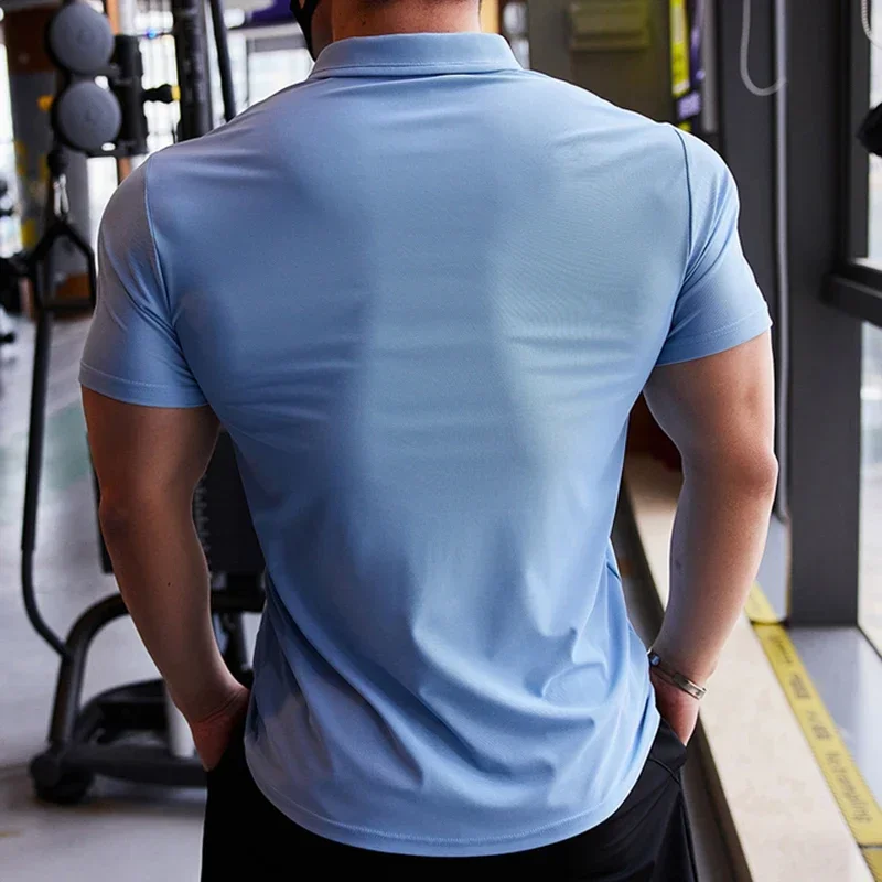 Camiseta ajustada de manga corta para hombre, ropa deportiva informal de secado rápido, con solapa, para entrenamiento y Culturismo