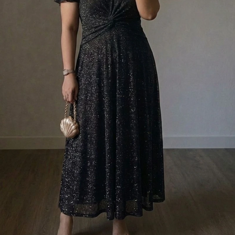 Elegant Women's Summer Plus Size V-Neck Shiny Sequin Long Dress Large Size Short Sleeved Evening Party Maxi Dresses Ladies Gowns