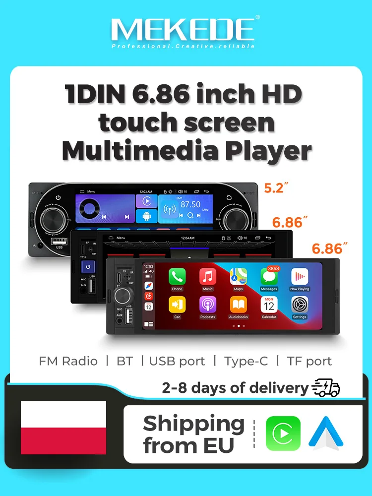 MEKEDE 5.2 cala 6.86 cala Radio Samochodowe 1 Din Odtwarzacz MP5 Bezprzewodowy Carplay Android Auto Samochodowy Odtwarzacz Multimedialny FM Stereo ISO Power Aux Input USB Type-C BT Uniwersalne — 2
