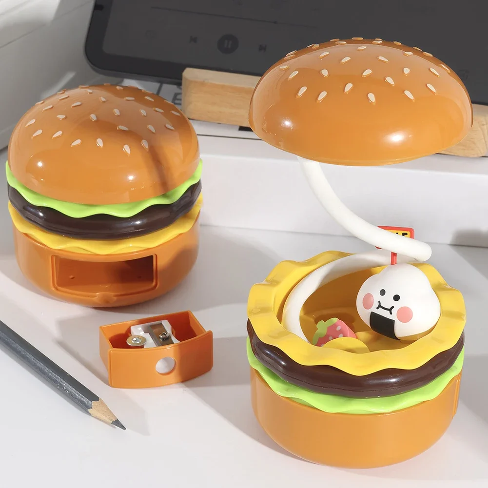 

Hamburger Night Light with Pencil Sharpener Cartoon Bedside Desktop Lamp Retractable Ambient Light for Boys Girls Gifts