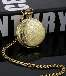 Vintage Luxury Sliver Gold Black Engraved Quartz Pocket Watch for Men Golden Case Fob Chain Clock for Gifts Old Necklace Watches