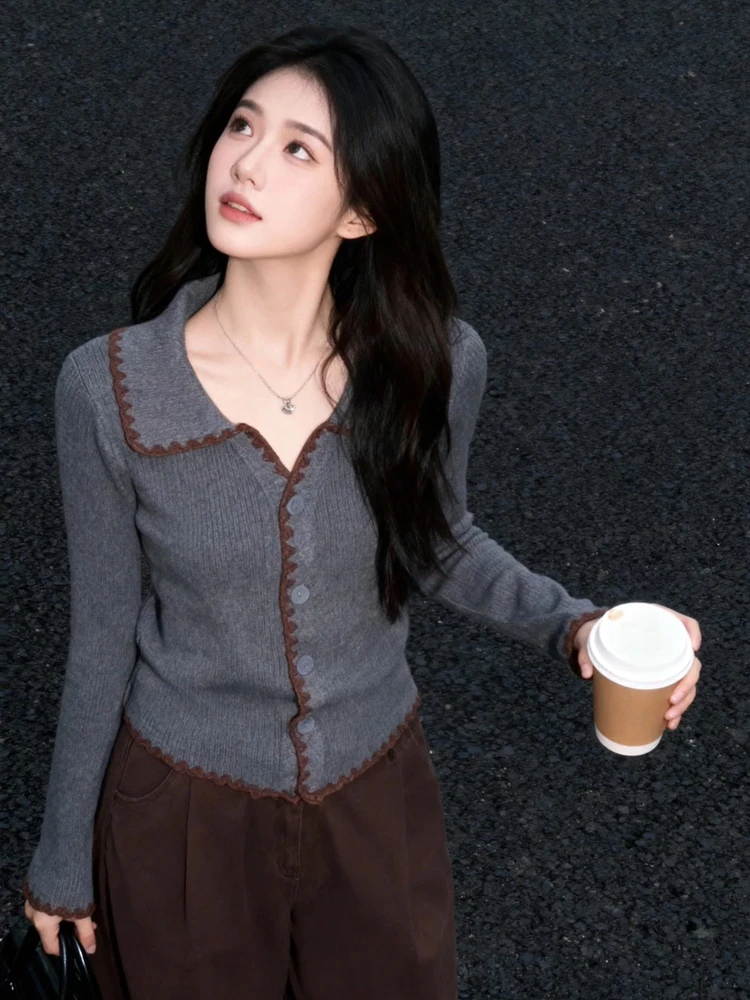 

Chic Korean Style Grey Knitted Button up Sweater Coat Women's Slim Fit Base Layer Fashionable Design Inner Wear Top