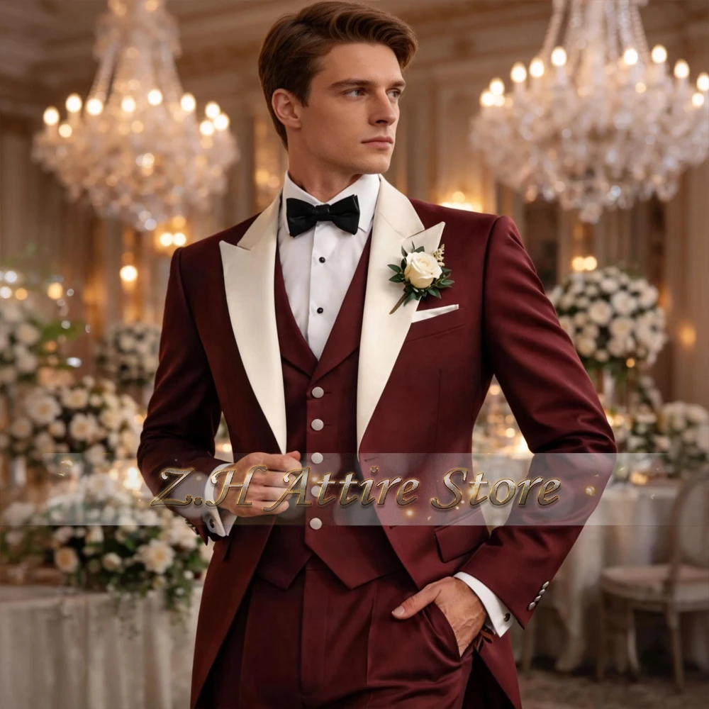 Elegant Burgundy Men's Three-Piece Suit Set with Ivory Peak Lapel Jacket Vest Pants Custom-Made Tuxedo for Wedding Groom Prom