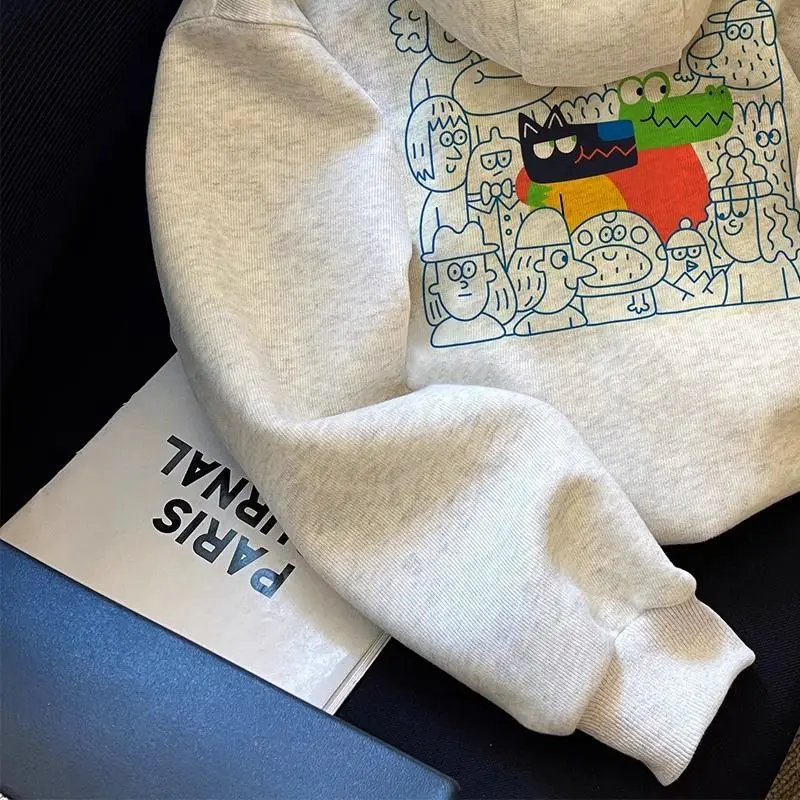 2024 new autumn winter gray hooded sweatshirt for women with niche design, oversized retro and stylish super good-looking top