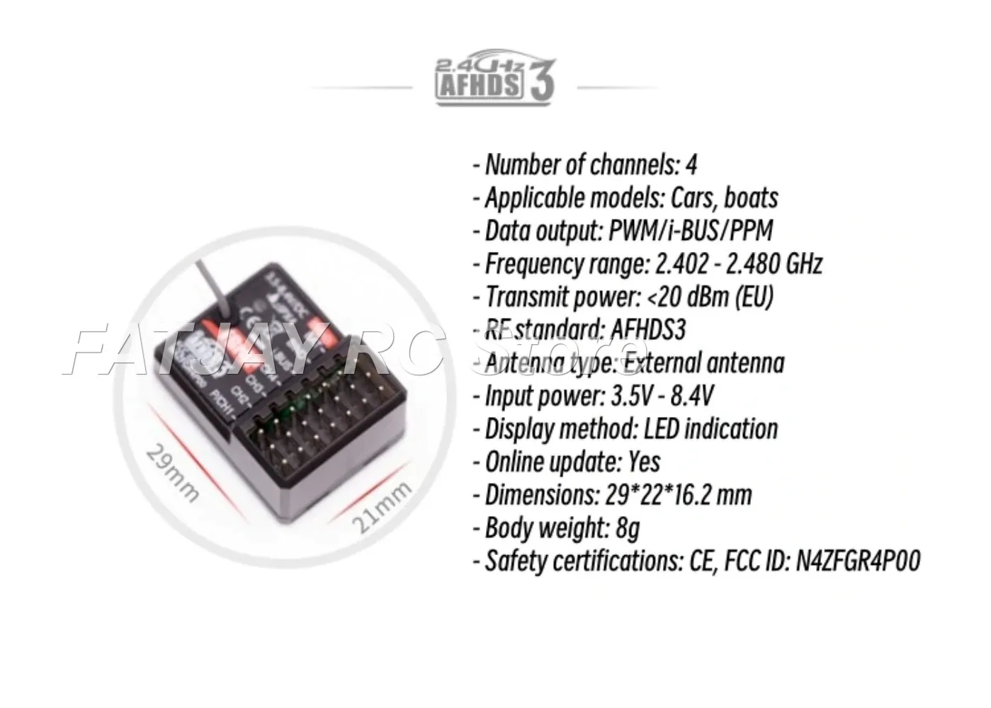 4-Channel PWM/IBUS Dual-Way Receiver | FATJAY FLYSKY FGR4P | Waterproof & Compatible with NB4 FGR4-P RC Systems