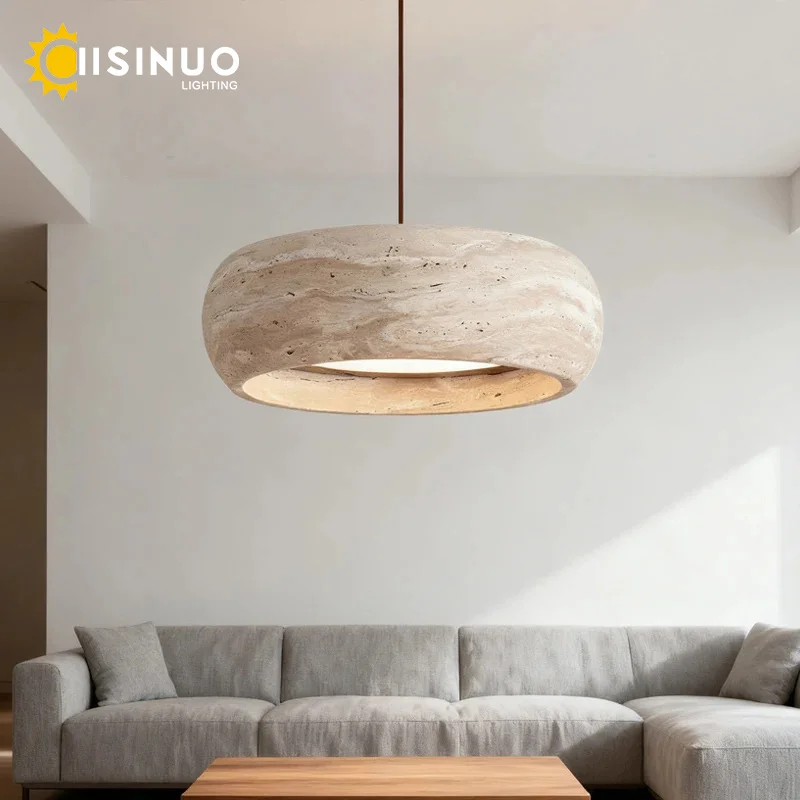 Wabi Sabi Natural Stone Pendant Lamps Travertine Stone Round LED Bedside Hanging Light for Home Dining Room Kitche Island Decora